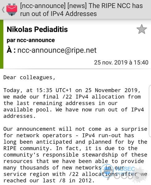 欧洲RIPE NCC宣布已散尽全球最后一批IPv4地址