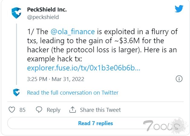 Ola Finance DeFi 平台被黑近五百万美元被盗