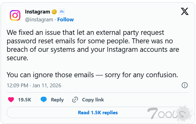 Instagram确认系统未遭入侵，并已修复外部人员密码重置问题。
