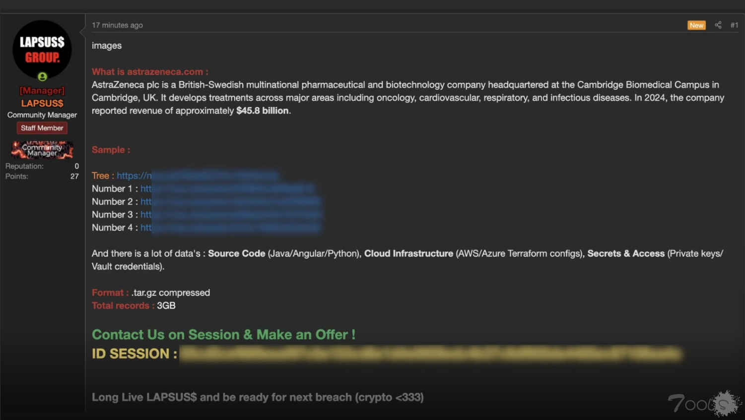 网络犯罪组织Lapsus$声称它攻击了阿斯利康，对这1起重大数据泄露网络安全事件负责。