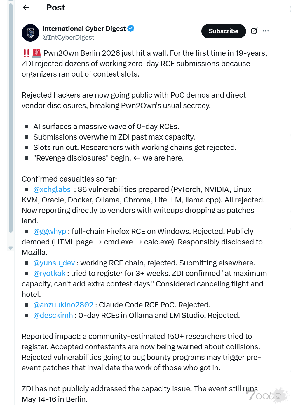 被Pwn2Own Berlin 2026赛事拒之门外的数十名安全研究者正发起被称为"报复性披露"的行动